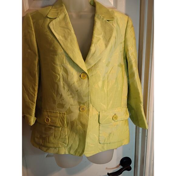 Lafayette 148 New York Blazer Chartuese Green Floral Leaf Sz10 Linen Blend - Picture 1 of 9